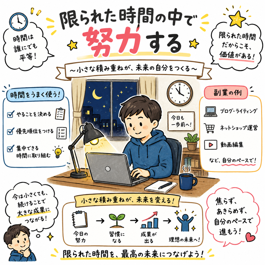 夜、自宅でパソコンに向かって副業をしている人物