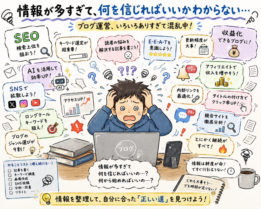 情報に埋もれて混乱する人物