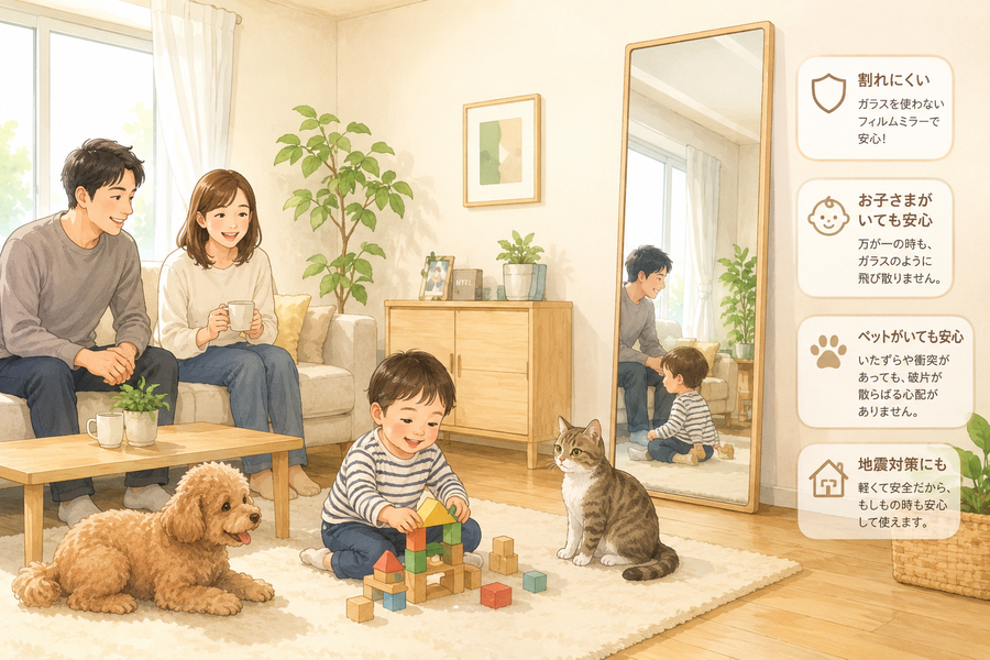 子どもやペットがいるリビングで割れない鏡を使うイラスト