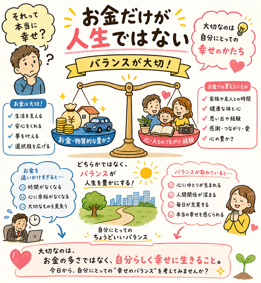 「お金」と「幸せ」を天秤で表現したイラスト