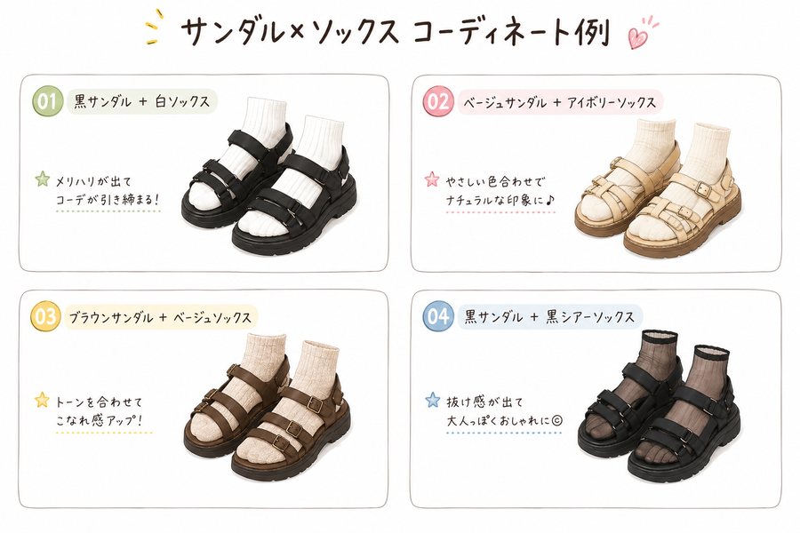 サンダルと靴下のおすすめ配色例