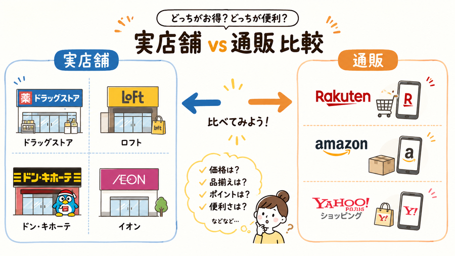 ドラッグストア・ロフト・ドンキ・通販の販売店を比較したインフォグラフィック