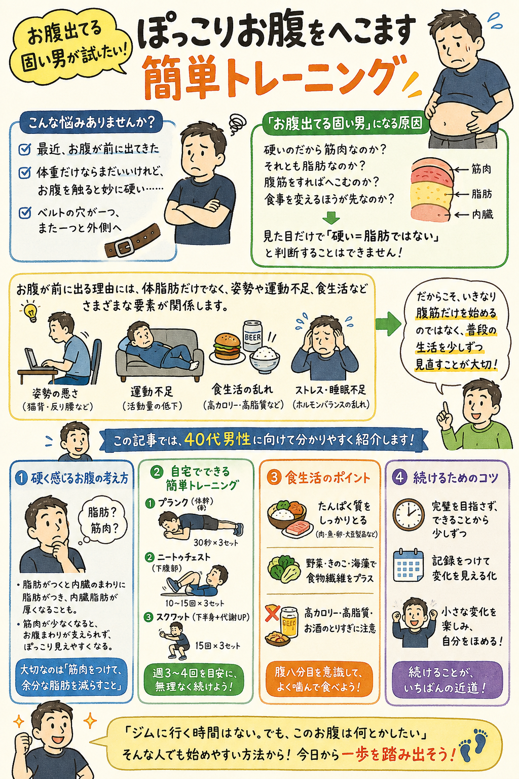 お腹出てる固い男が試したい！ぽっこりお腹をへこます簡単トレーニング