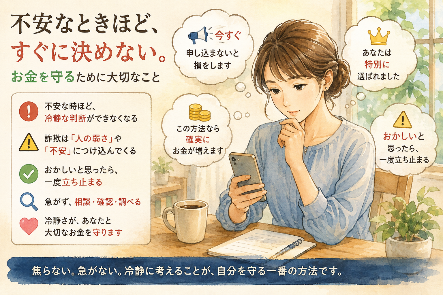 不安なときほど、すぐに決めない。お金を守るために大切なこと