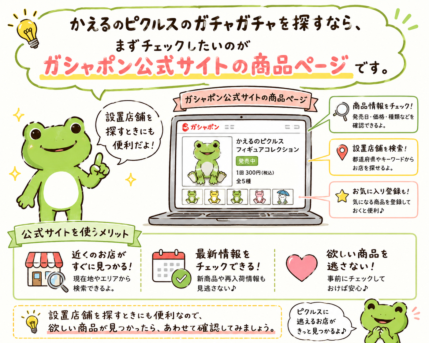 かえるのピクルスのガチャガチャを探すなら、まずチェックしたいのがガシャポン公式サイトの商品ページです