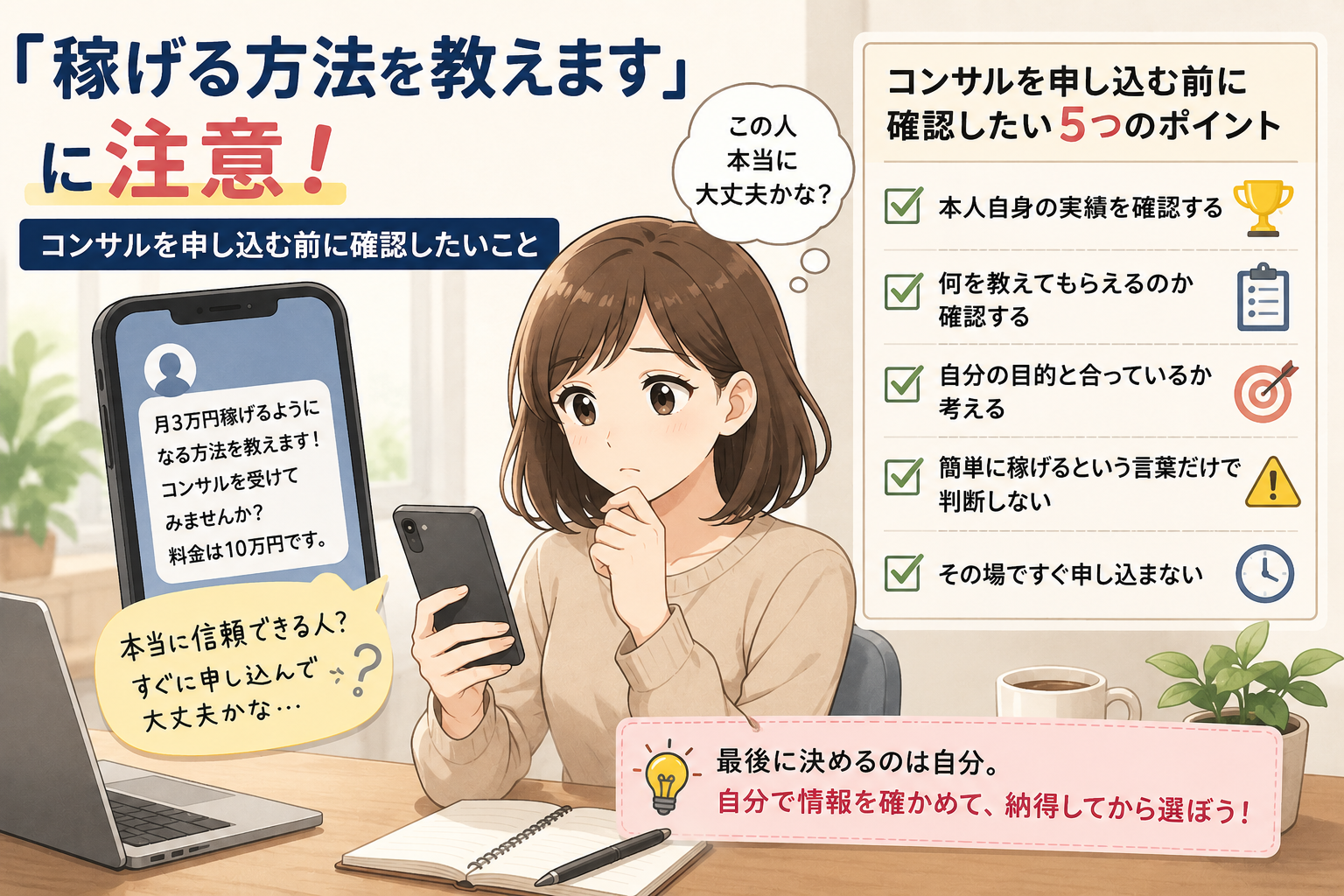 「稼げる方法を教えます」に注意。コンサルを申し込む前に確認したいこと