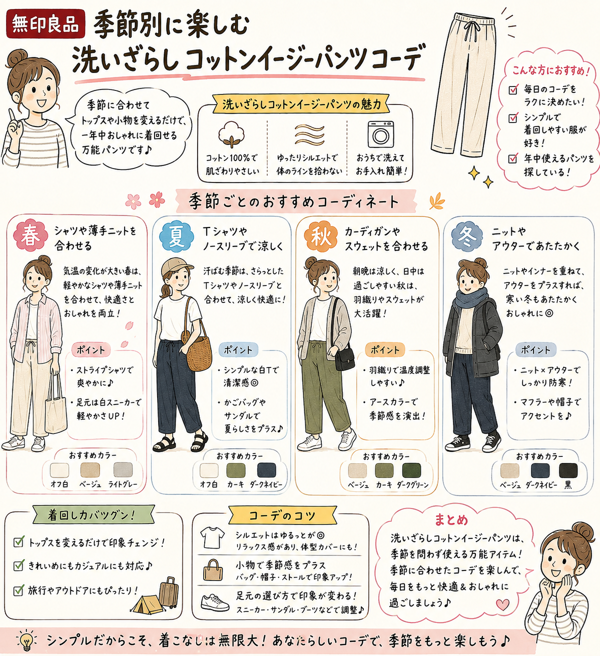 季節別に楽しむ洗いざらしコットンイージーパンツコーデ
