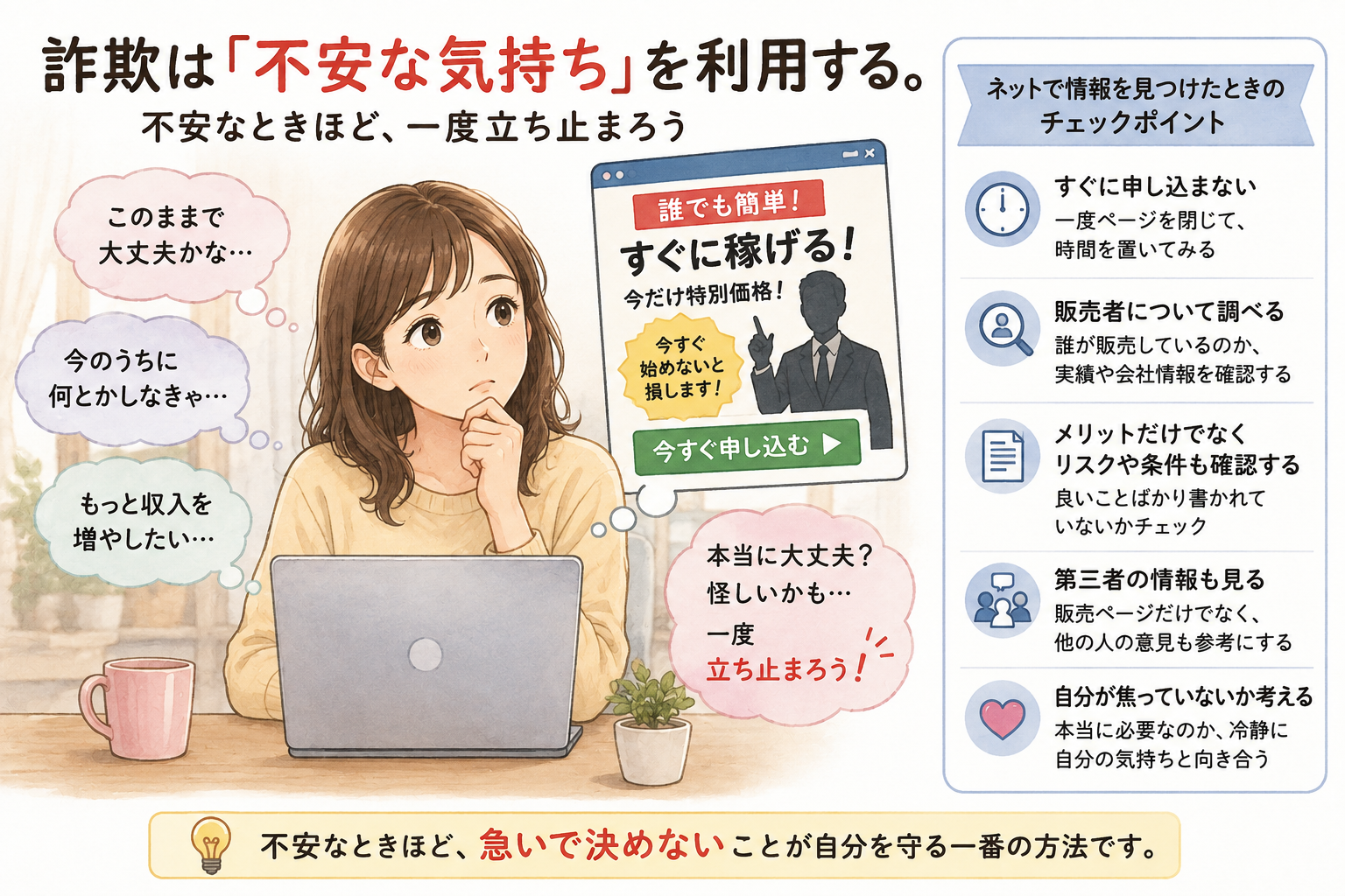 詐欺は「不安な気持ち」を利用する。不安なときほど、一度立ち止まろう