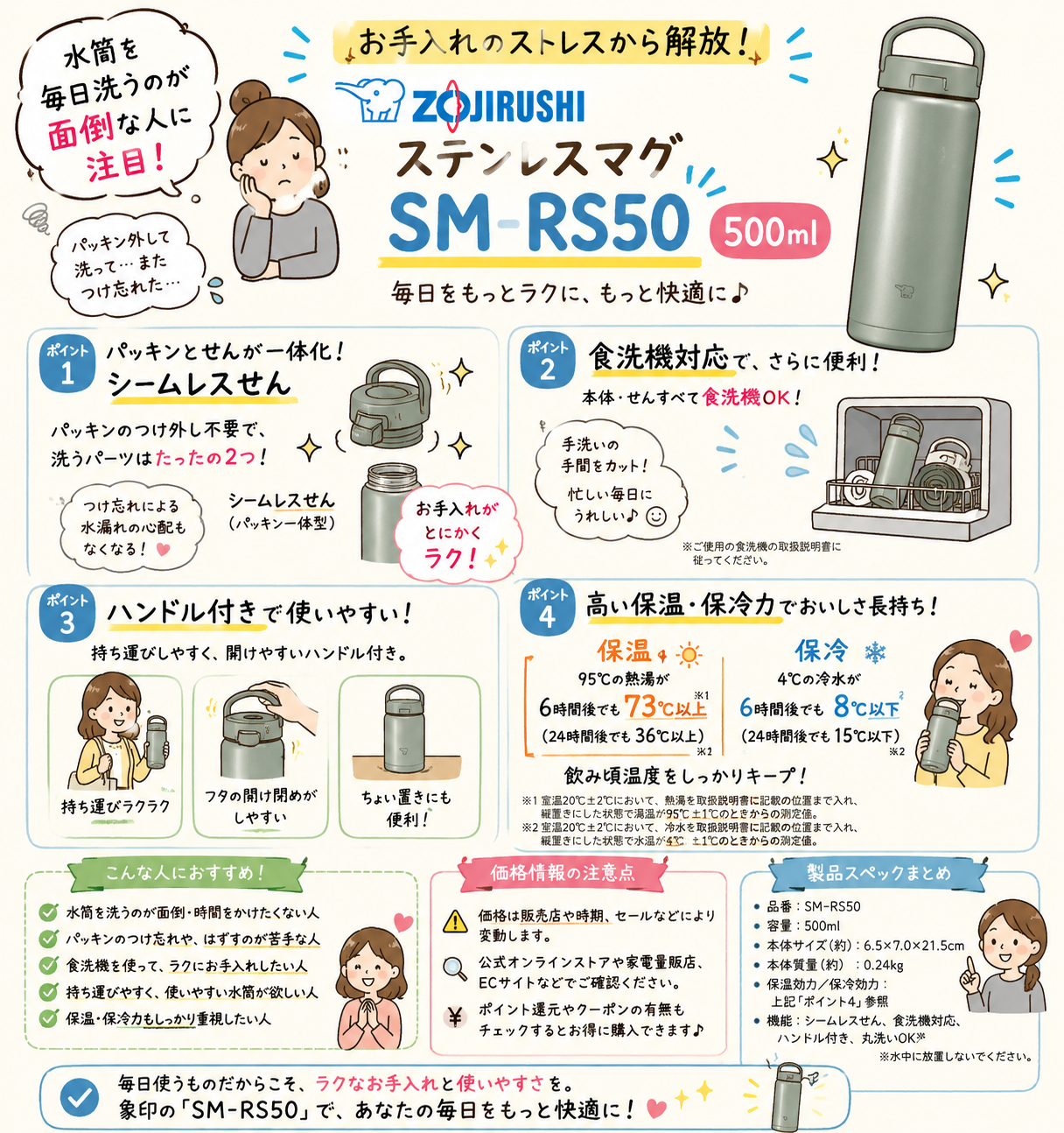 象印の500ml水筒「SM-RS50」が便利な理由｜食洗機対応＆シームレスせんをチェック
